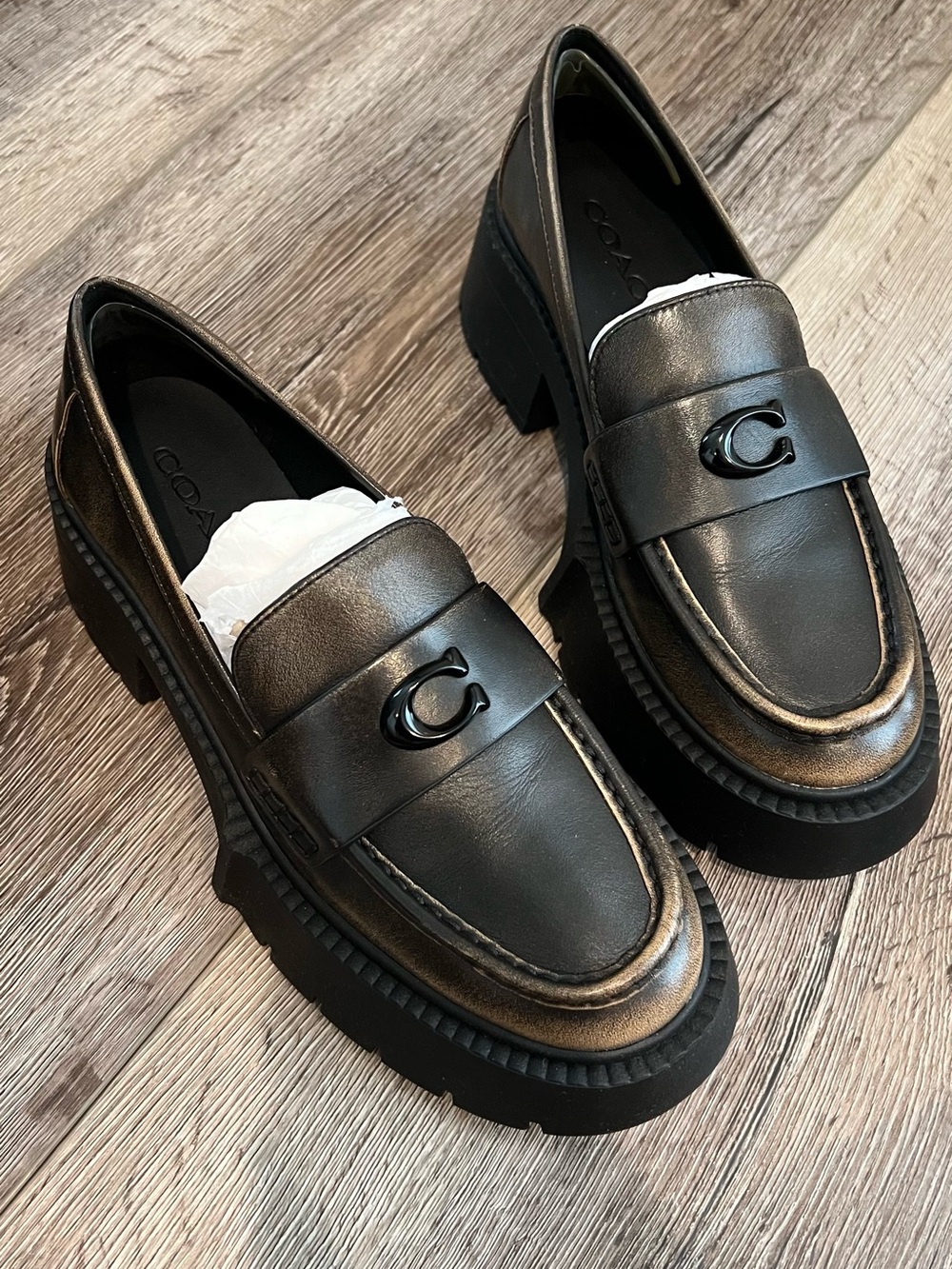 Coach Women Black Leather Lug Sole Penny Platform Loafers